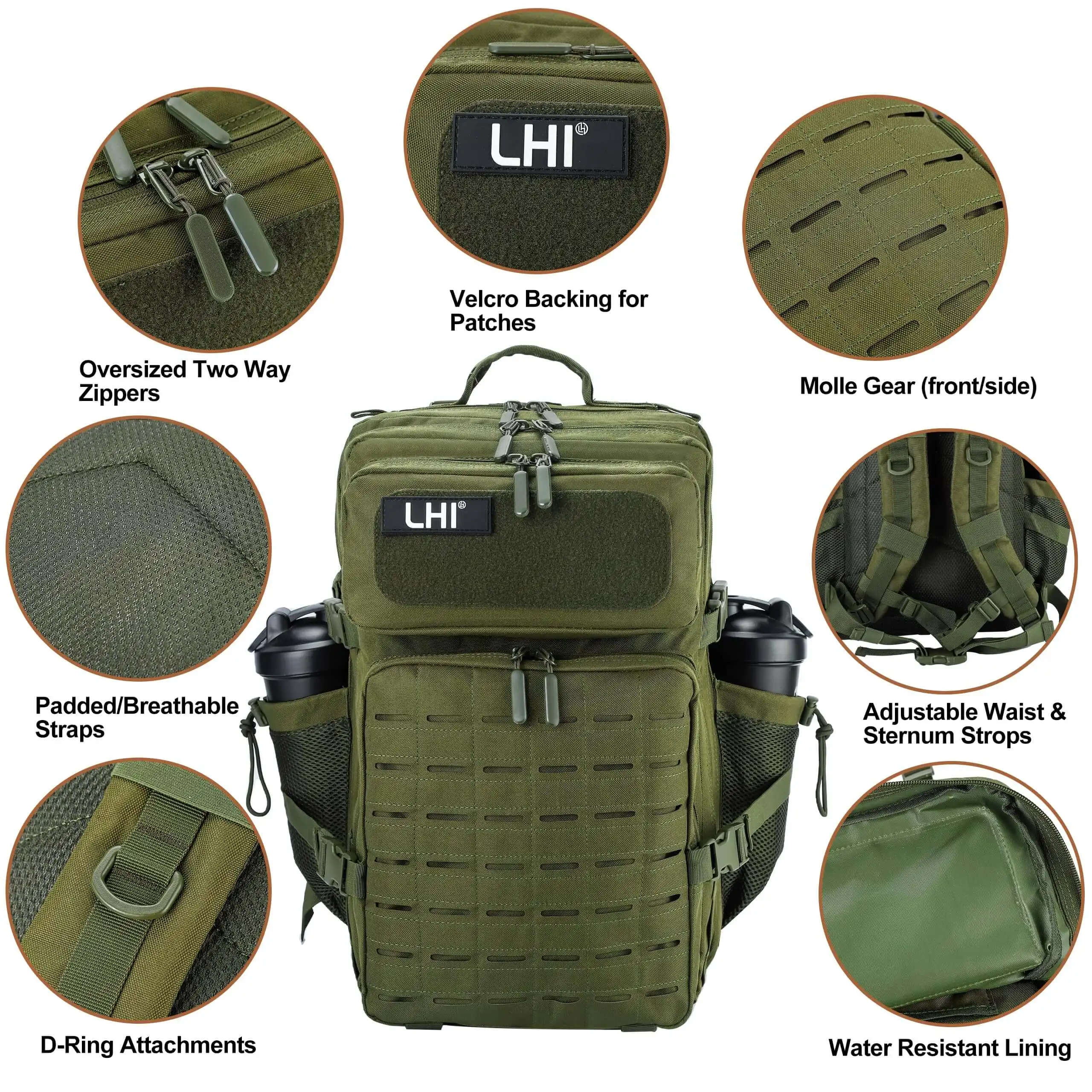 LHI 45L Military Tactical Backpack Army Camouflage Assault Pack Waterproof Outdoor Survival Bug Out Bag With Bottle Holder