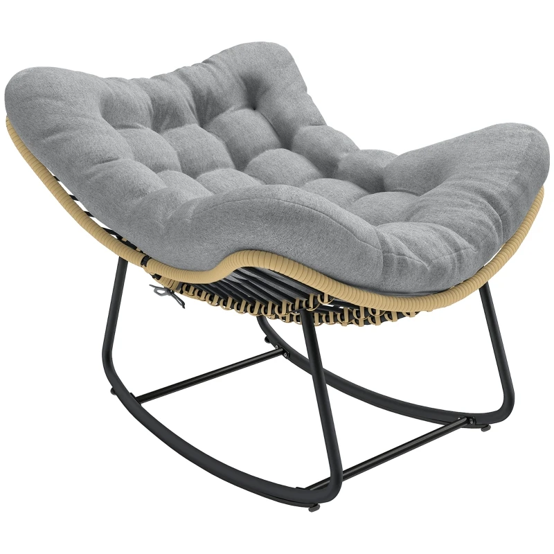 Garten-Schaukelstuhl aus Polyrattan für drinnen und draußen, grauer Kunstharz-Schaukelstuhl mit weichem, dickem Kissen, Relaxsessel für Garten, Terrasse und Balkon