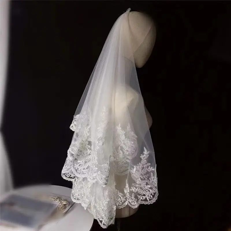 

130cm Short Wedding Veil Lace Applique Tulle One Layers Bride Headpiece Women Accessory Bridal Veils