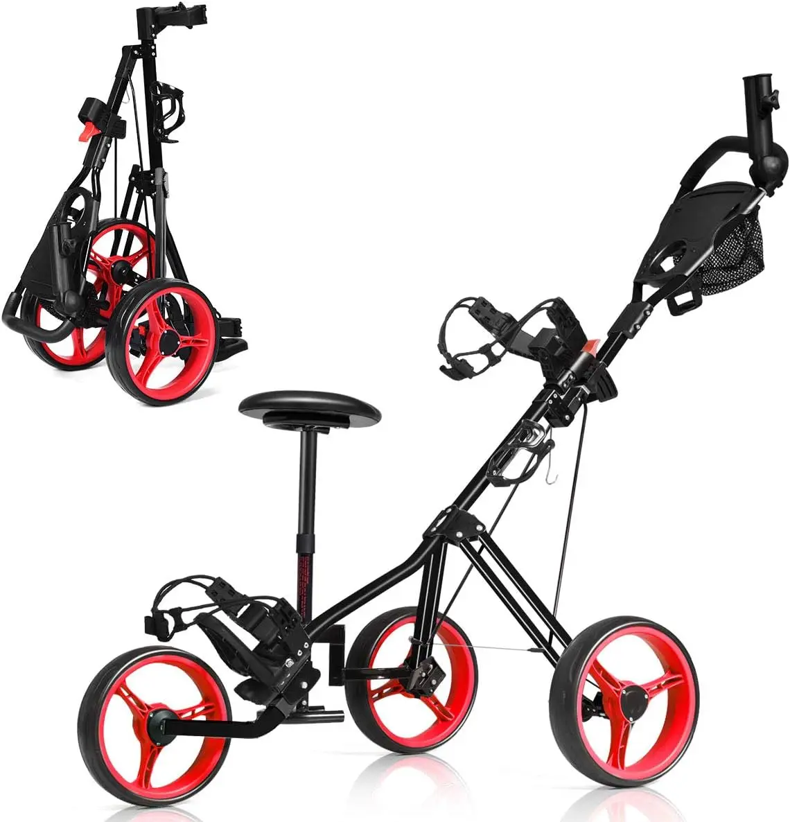 Foldable 3 Wheel Golf Push Cart with Detachable Seat, Umbrella Holder & Scoreboard, Portable Lightweight Golf Pull Cart