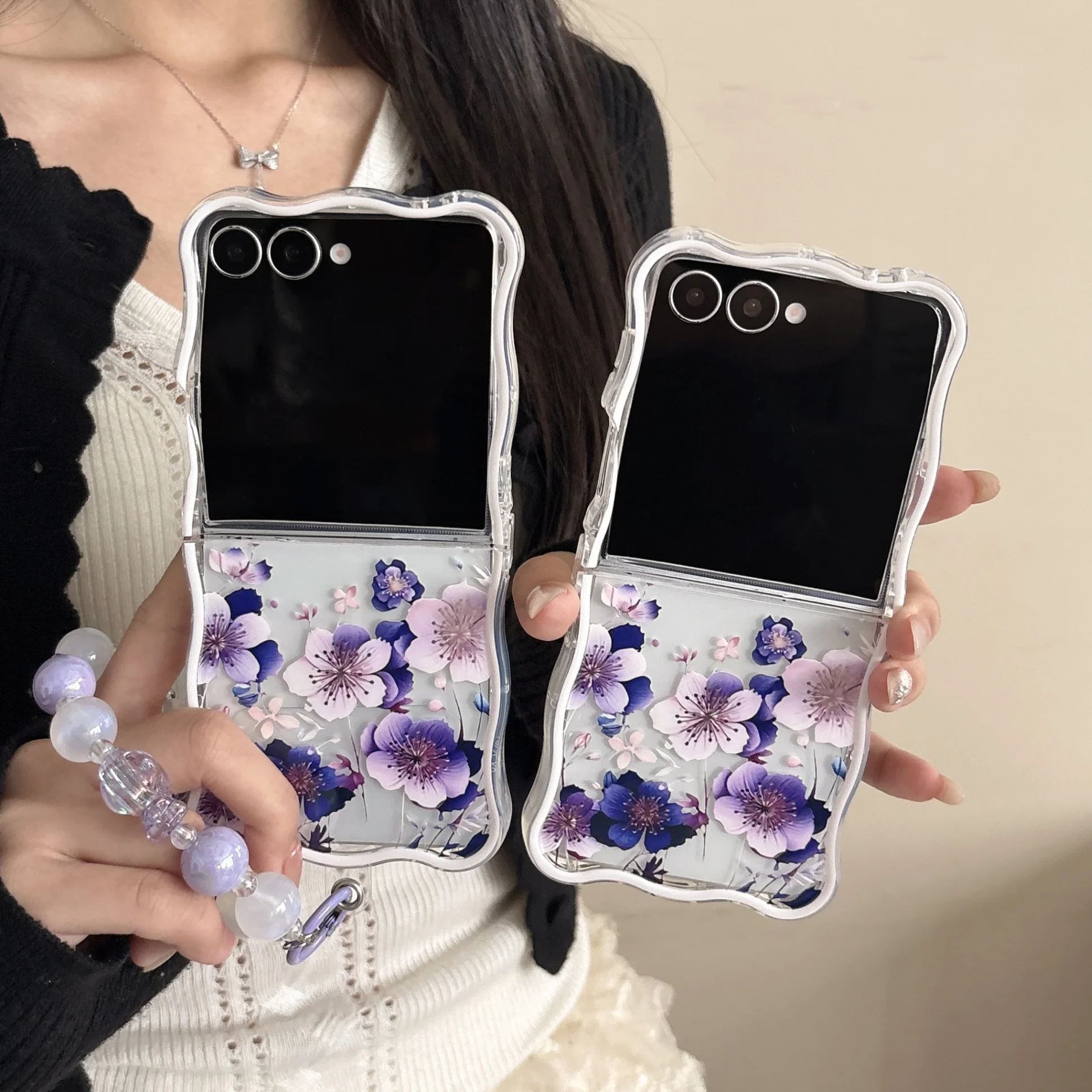 Wave Edge Purple Floral Phone Case For Samsung Z Flip, Bead Hand Chain Wavy Frame Shockproof Cover Foldable phone Shell