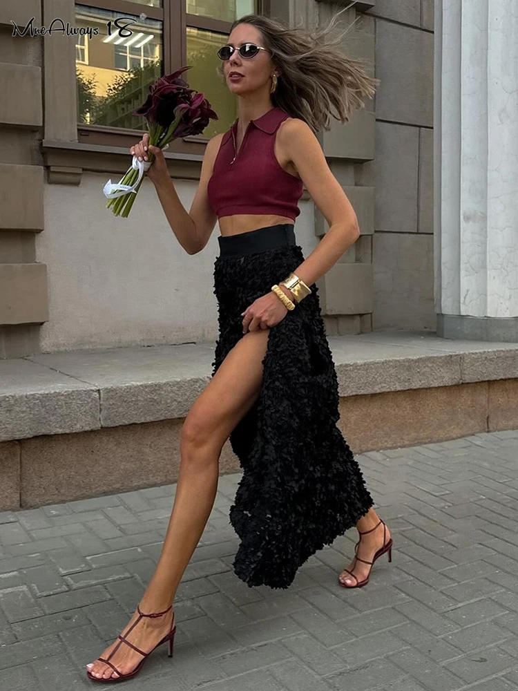 Mnealways18 Petal Design Elegant Evening Skirts Solid High Waist Ankle-Length Prom Skirts Autumn Winter 2024 Party Ladies Skirts