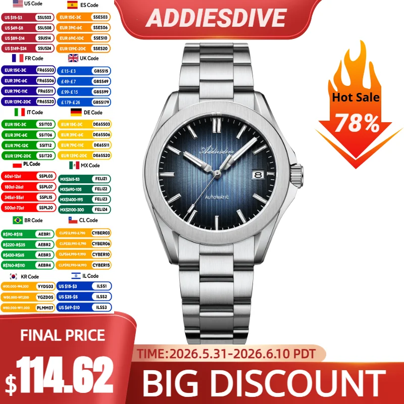 

ADDIESDIVE Watches for Men New Japan NH35 Automatic Sapphire Gradient Waterproof 200m Dive BGW9 Luminous Mechanical Watch AD2080