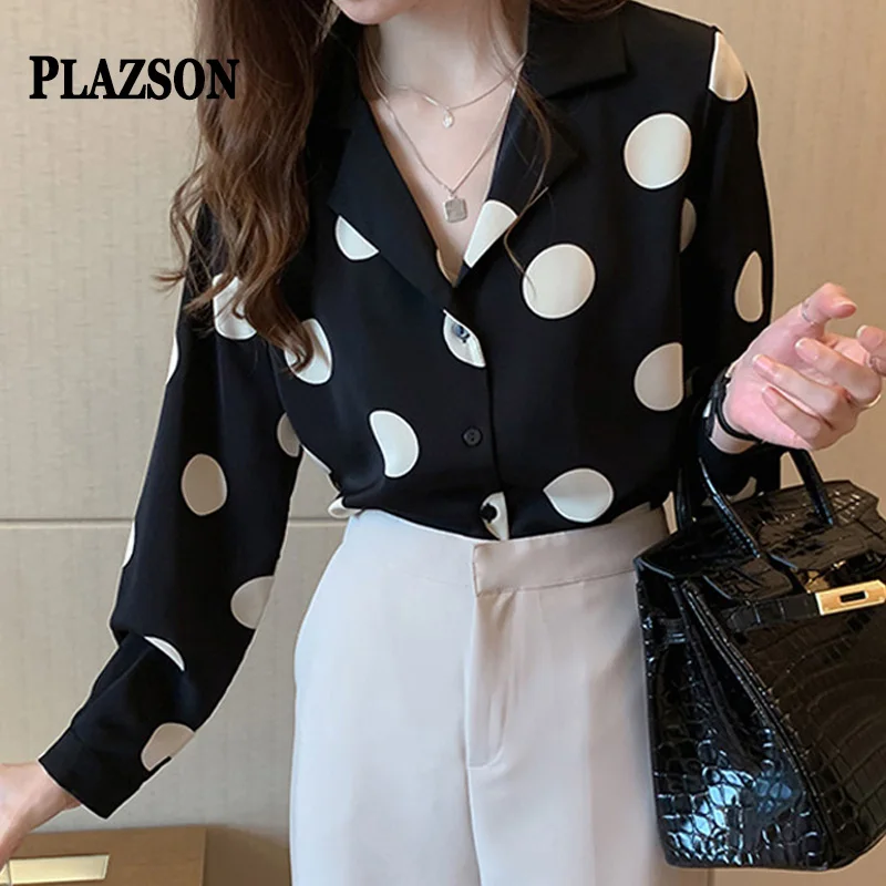 PLAZSON Polka Dot Women\'s Shirt Elegant Lapel Button-up Blouse Long Sleeve Summer Tops Vintage Casual Female Clothing рубашка