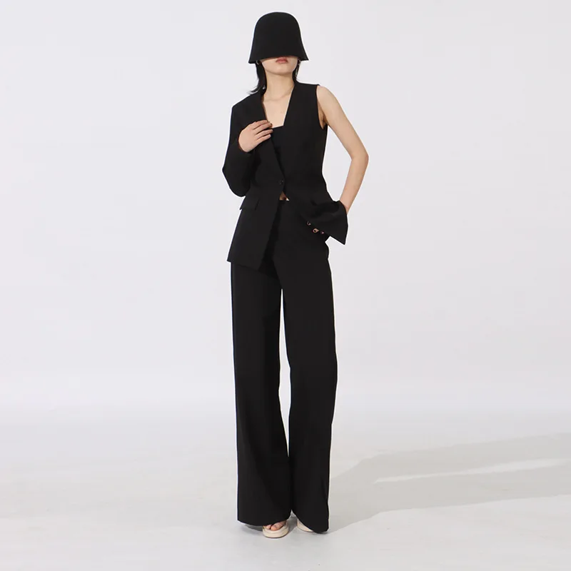 

Fashion Casual Pants Outfit Spring Women Single Shoulder Sleeves V-neck Coat+High Waist Slim Wide Leg Pants Autumn Two Piece Set