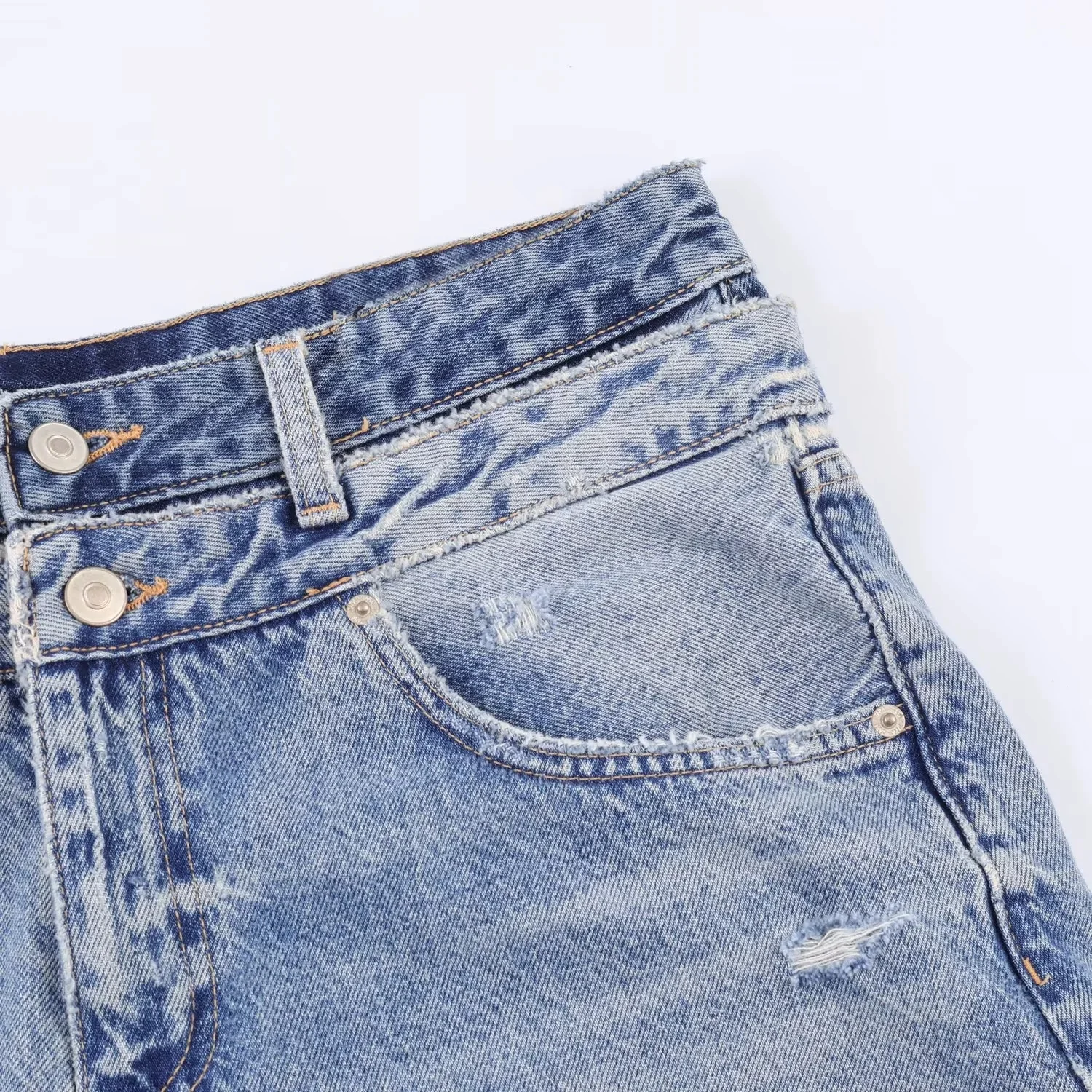 Spring New Arrival Women's Casual Decorative Double Layer Straight Leg Jeans Tear Hole Design Comfortable mid Waist Denim