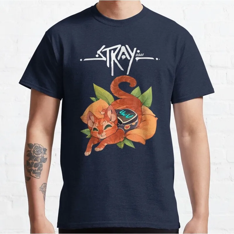 Stray Video Game Cat Graphic T‑Shirt O‑Neck Short Sleeve Unisex Tees Cyberpunk Stray Cat Print Casual Streetwear For Gamer Fans