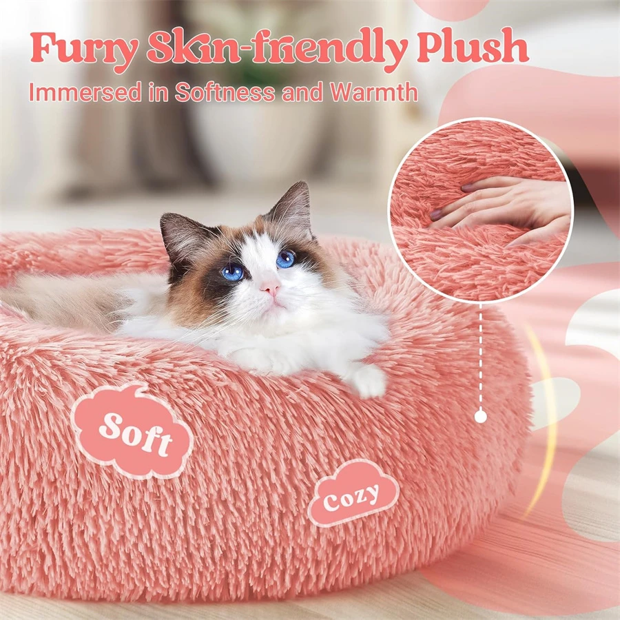 Weiches, langes Plüsch-Katzenhaus, Hundebett, beruhigendes, warmes Kunstfell-Bett, Donut-förmiges, komfortables Schlafbett, waschbar für kleine und mittelgroße Hunde und Katzen – Detail 4