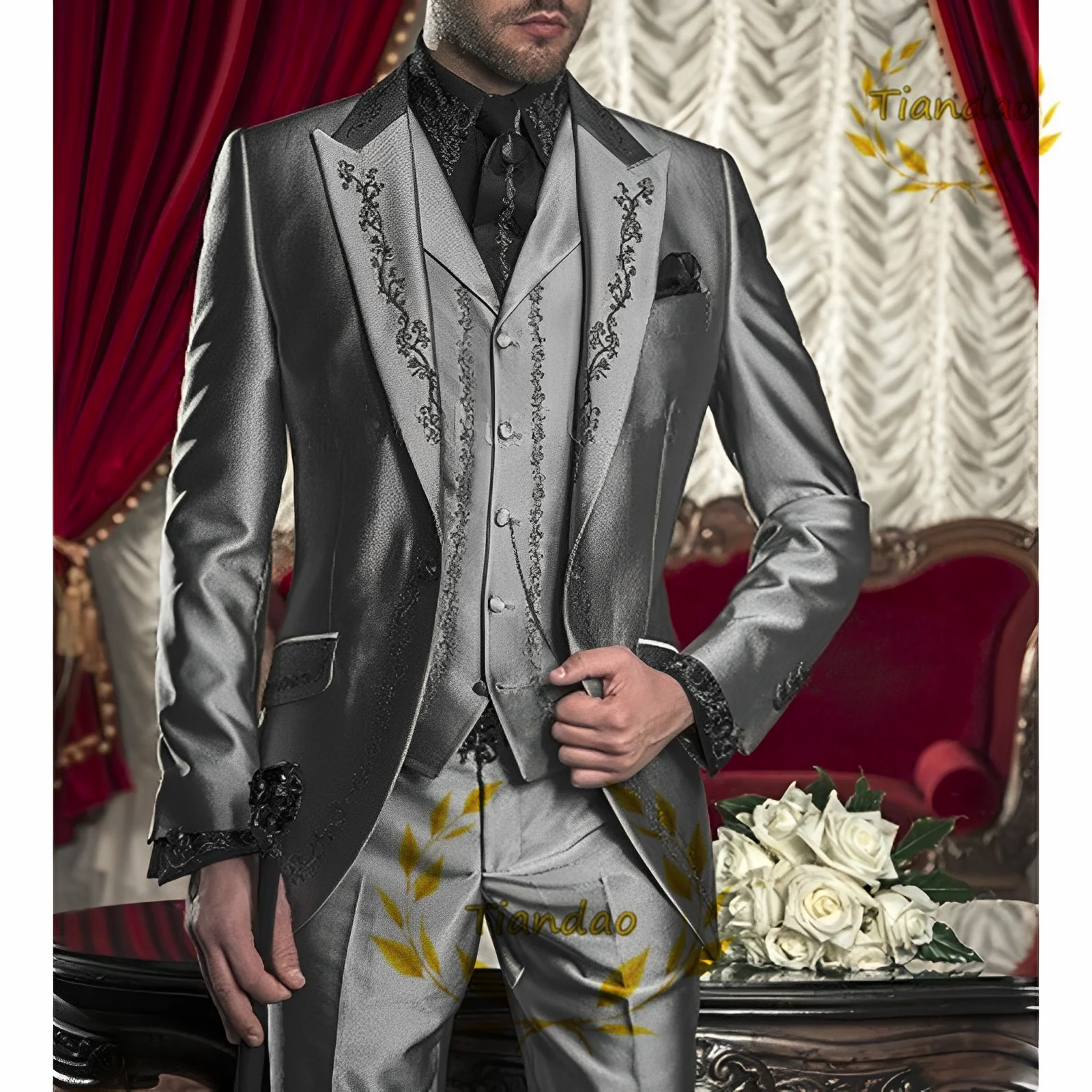 2023 Mens Embroidery White Mandarin Lapel Tail Tuxedos Evening Wedding/Prom Best Man Blazer 3 Pieces Men Suits Costume Homme