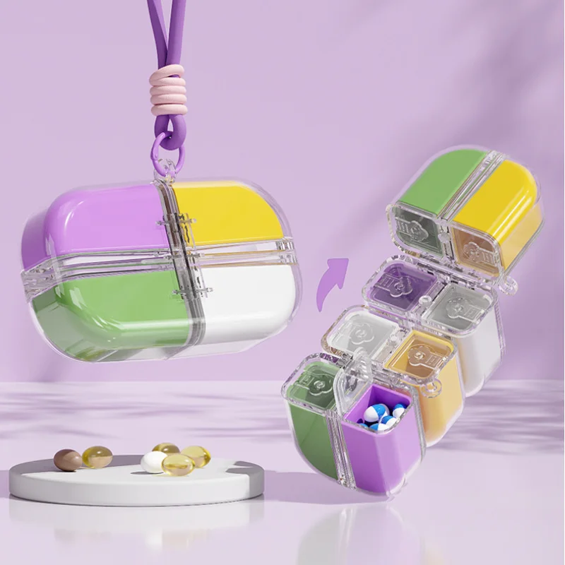 Portable Capsule Pill Organizer with Lanyard, 4 Compartments Small Pill Box for Purse Pocket, Thickened PC Travel Medicine Case,