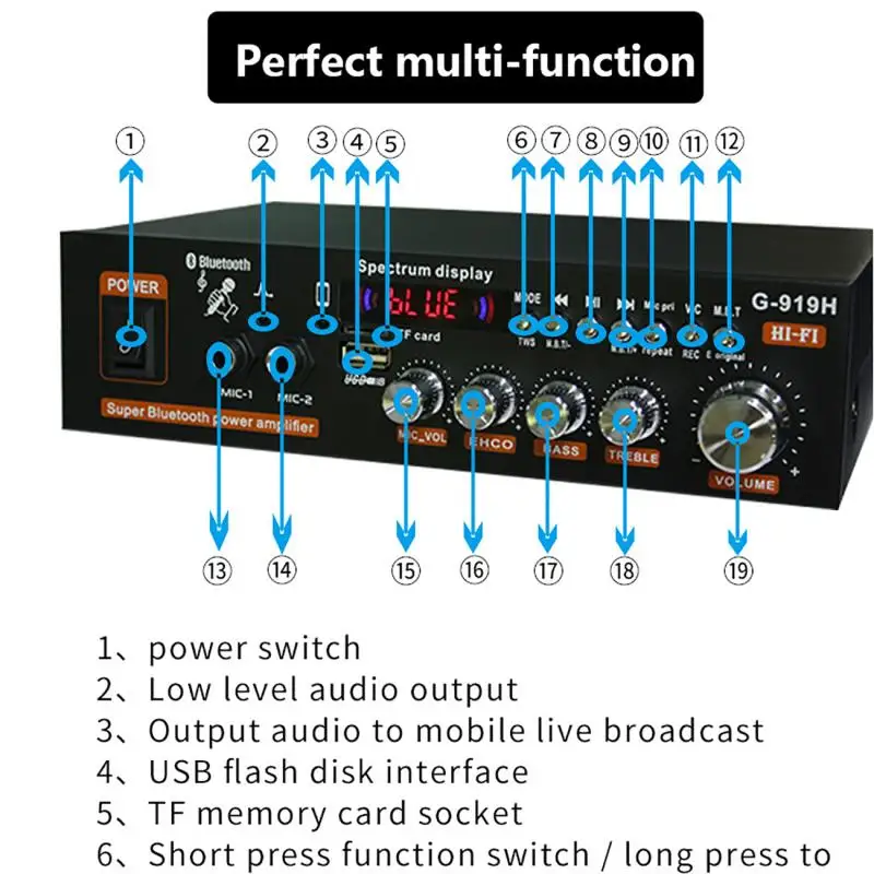 G-919H 1000W Home Digital Amplifiers Audio 110-220V Bass Audio Power bluetooth Amplifier AK35 Hifi FM Music Subwoofer Speakers