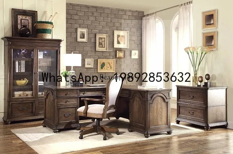 Europejskie biurko narożne w stylu retro, stare, z dębu, amerykańskie, z litego drewna.