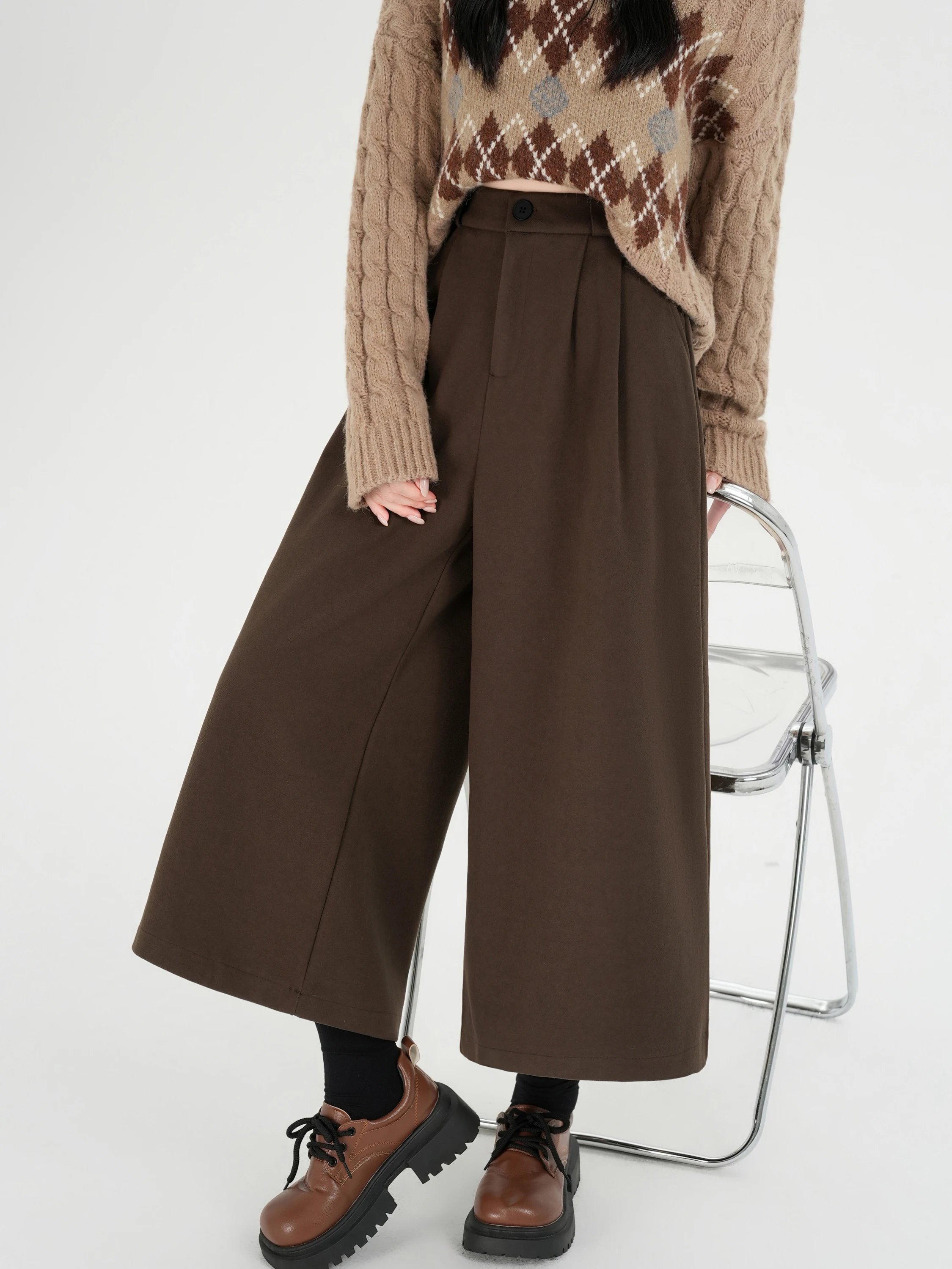 Pantaloni da abito a gamba larga a vita alta da donna autunno inverno nuovi pantaloni di lana color caffè casual larghi drappeggiati