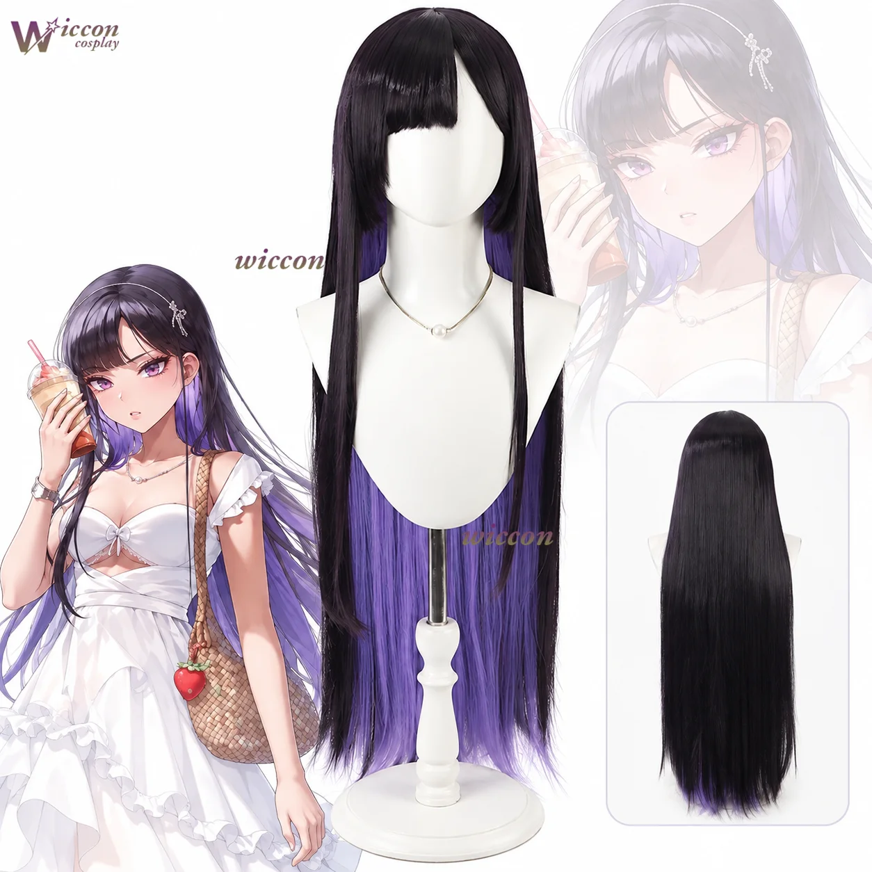 Ani Cos GODDEESS Anime Game VICTORYY Cosplay Eunhwa Fashion Long Straight Black Wigs Inner Purple Color Synthetic Hair Halloween