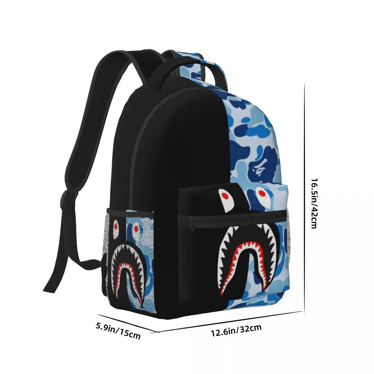 Shark Half Blue Half Black Printed Lightweight Casual Schoolbag For School, Outdoor, Shopping, Office