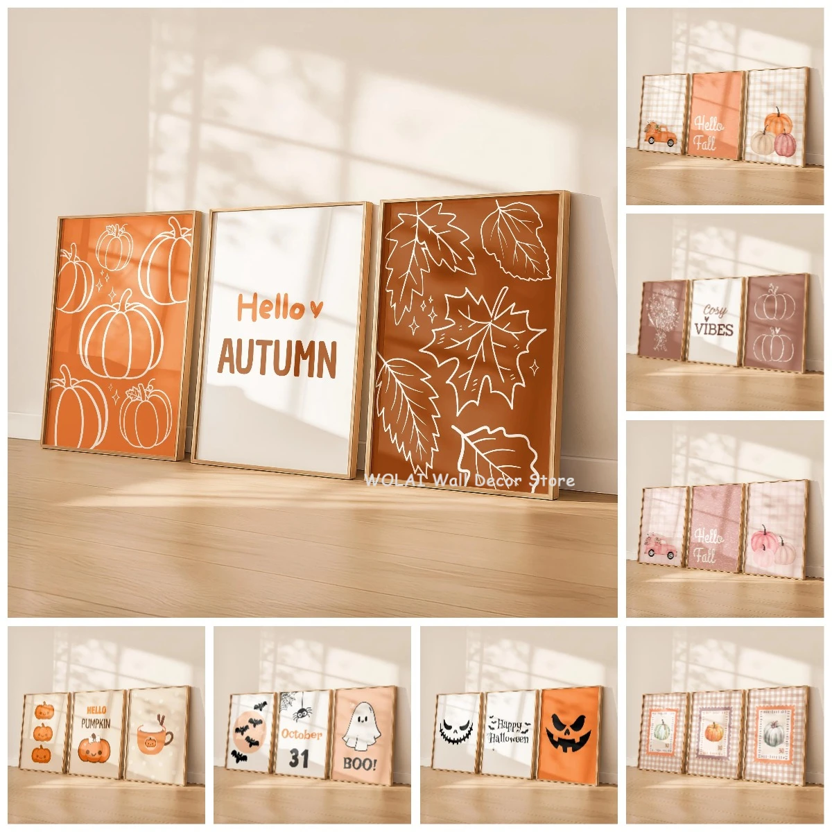 3pcs/set of Orange Hello Autumn Offer Canvas Print Minimalist Kawaii Pumpkin Leaf Autumn Wall Art Poster for Modern Home Decor