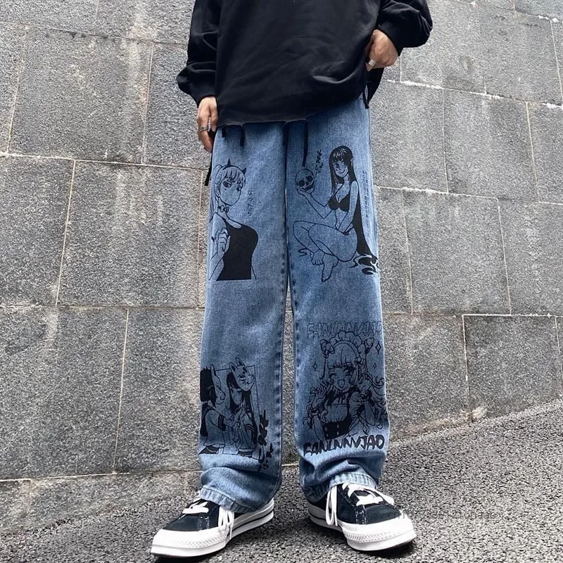 Trendy Street Cute Anime Cartoon Print Jeans Subculture Couple New Loose Casual Pants Japanese Style Harajuku Vintage Blue Jeans