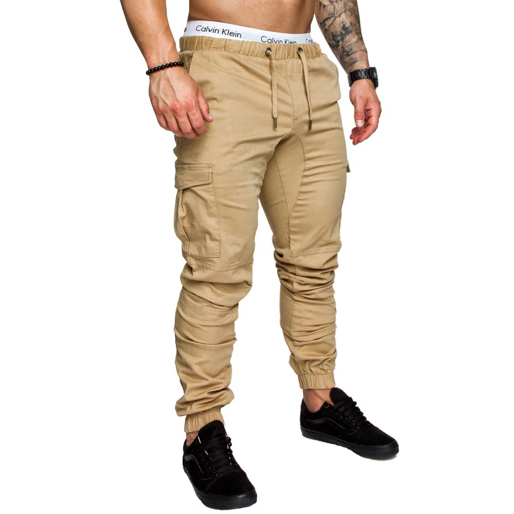 Men High Elastic Cargo Pants Summer Lace Up Drawstring Pocket Harem Stretch Full Trousers BSD-8811