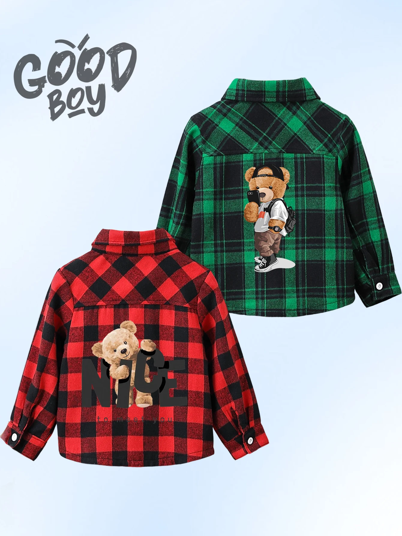 2Pcs Fall Winter Toddler Boy Plaid Button Down Shirt,Cartoon Bear Print Long Sleeve Blouse,Fashion Casual Jacket For 1‑5Y Boys,