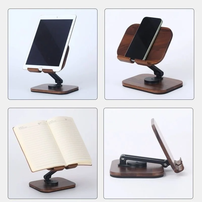 Black walnut wooden flat plate / mobile phone stand, solid wood mobile phone stand with adjustable height for bedroom use.