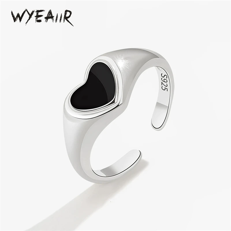 

WYEAIIR романтическое черное глазурное сердце INS 925 пробы Серебряное регулируемое Открытое кольцо для женщин Роскошные ювелирные изделия
