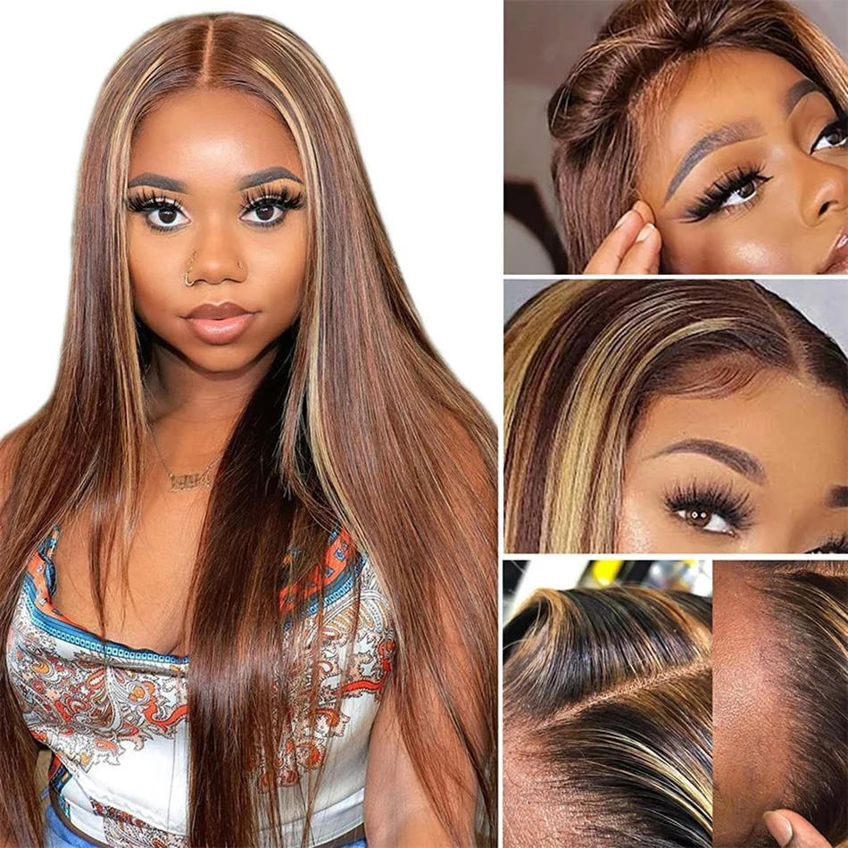 30 Inch Bone Straight Highlight Lace Front Human Hair 4/27 Ombre 13x4 Lace Frontal Wigs Honey Blonde Colored Wigs For Women