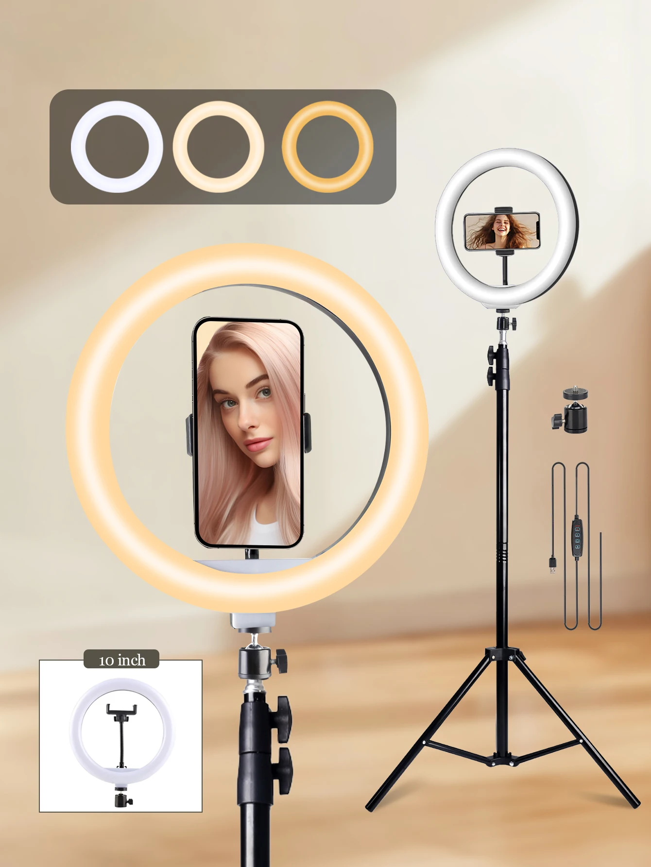 

10 Inch LED Ring Light with 42cm Extension Rod, Tripod Adjustable to 160cm for Photography, Makeup, Selfies, Conference and Live
