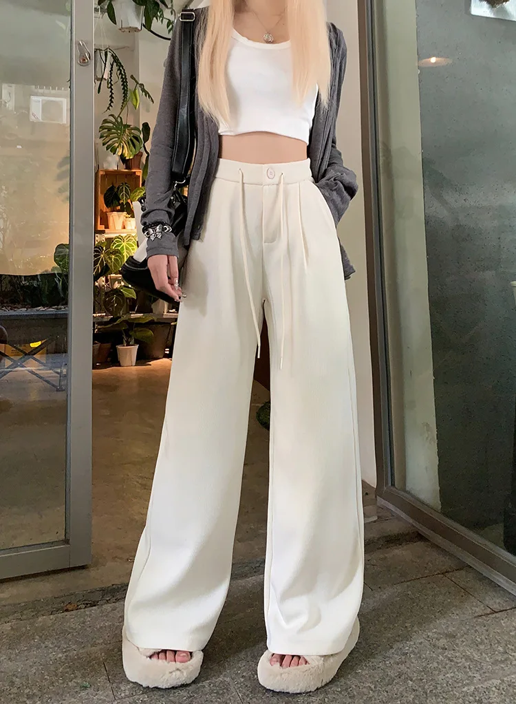 Women's Loose and Slim Wide Leg Casual Pants 2024 Korean Edition Design Feel Elastic Waist Drawstring Cotton Velvet Suit Pants