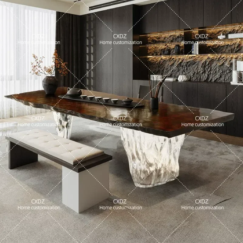 3m Solid Wood Large Board Tea Table with Transparent Resin High End Art Crystal Design Flat Conference Table and Chair