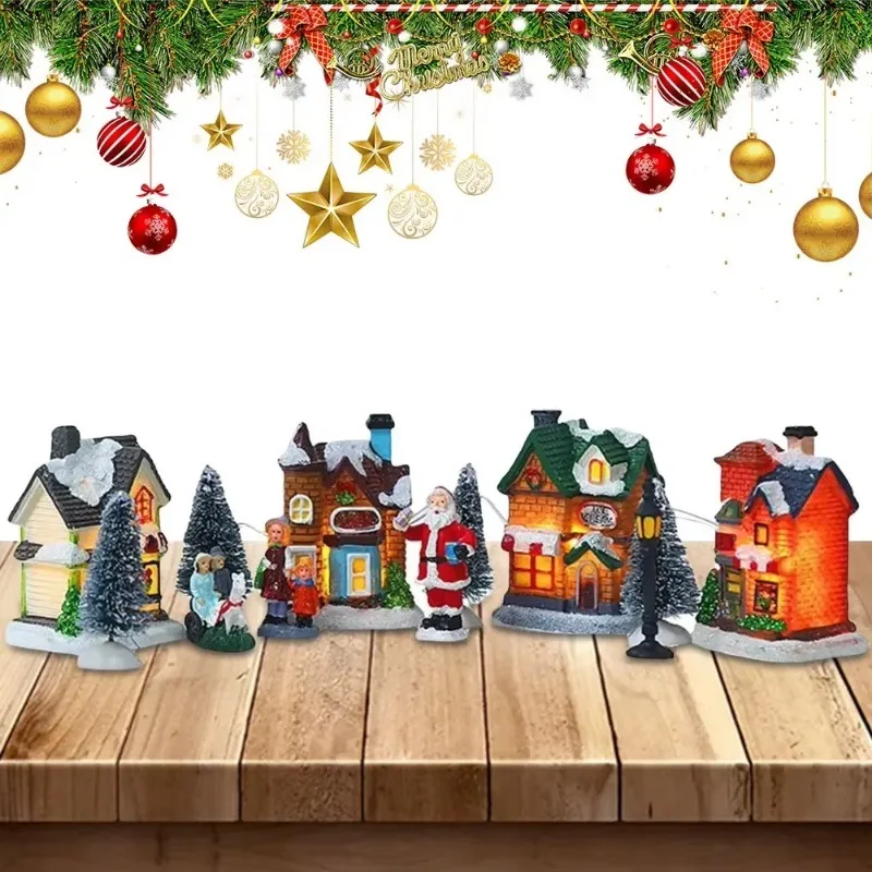 12PCS  Resin Mini Christmas Village Figurines Set Lighted LED Christmas Village Houses Battery Operated Miniature Christmas Town