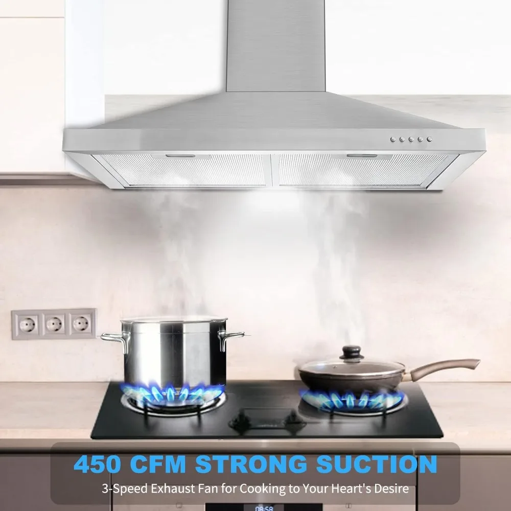 Wall Mount Range Hood 30 inch with Ducted/Ductless Convertible Duct, Stainless Steel Chimney-Style Over Stove Vent Hood