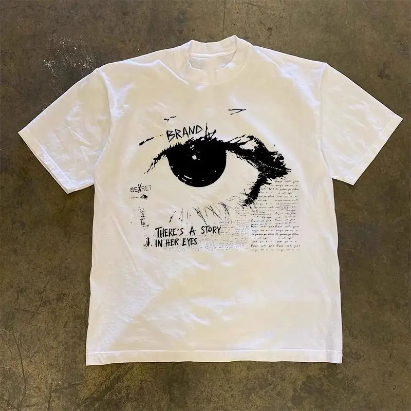 Cotton T-shirt for Women and Men Summer Trend Short Sleeve Tops American Retro Eye Print Design Tshirt Oversized Loose Fitting