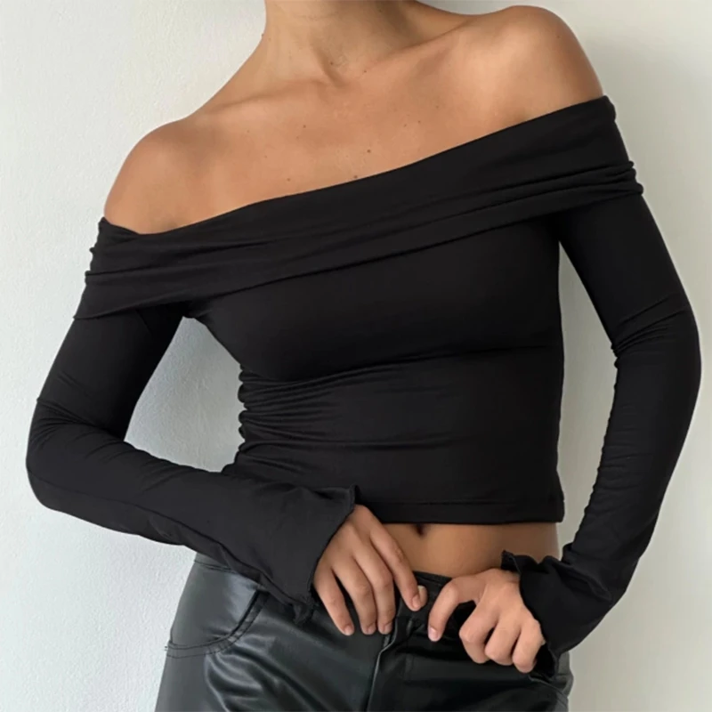 

2024 new Women’s Off Shoulder Vintage Crop Tops Fashion Long Sleeve Solid Color Slim Fit Blouse T-Shirts Elegant Streetwear