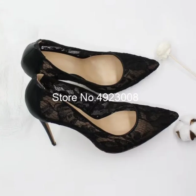 Super High Heel White Pumps Lace Women High Heel Shoes Hollow Pointed Toe Wedding Shoes Big Size 46 Black Sexy Heels Dress Shoes