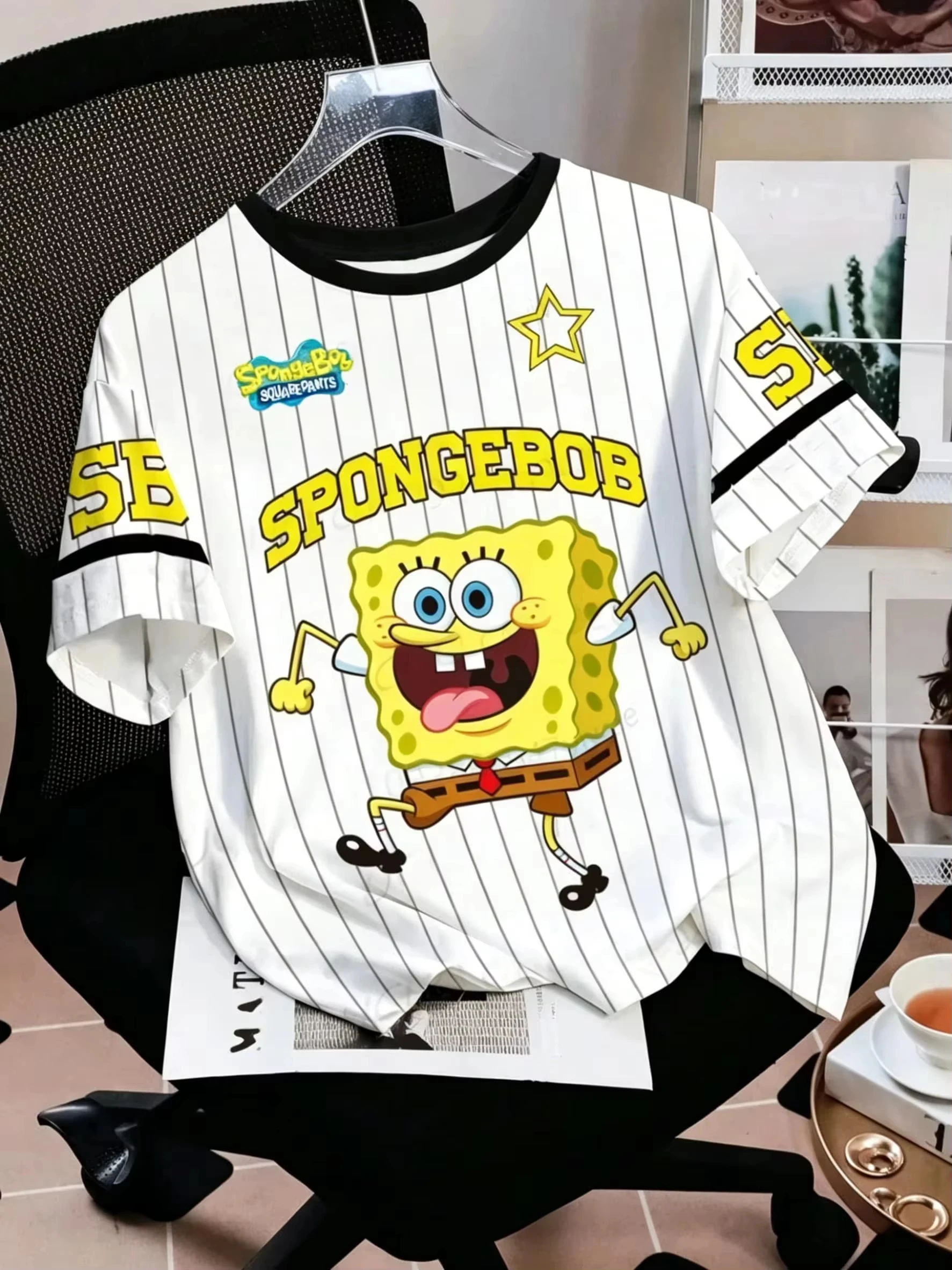2026 Classic Animation SpongeBob SquarePants American Street Jersey Summer T-shirt, Extra Large Size, Family Matching