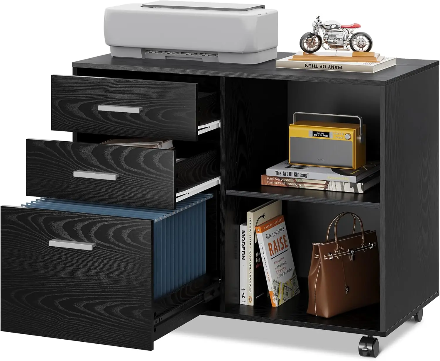 خزانة ملفات متنقلة ذات 3 أدراج، خزانة ملفات جانبية خشبية، حامل طابعة مع أرفف مفتوحة للمكتب المنزلي، أسود #2