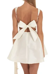 Women Summer Backless Big Bow Straps A-line Dress Sweet Solid Color Sleeveless Square Neck Short Dresses for Party Cocktail Prom