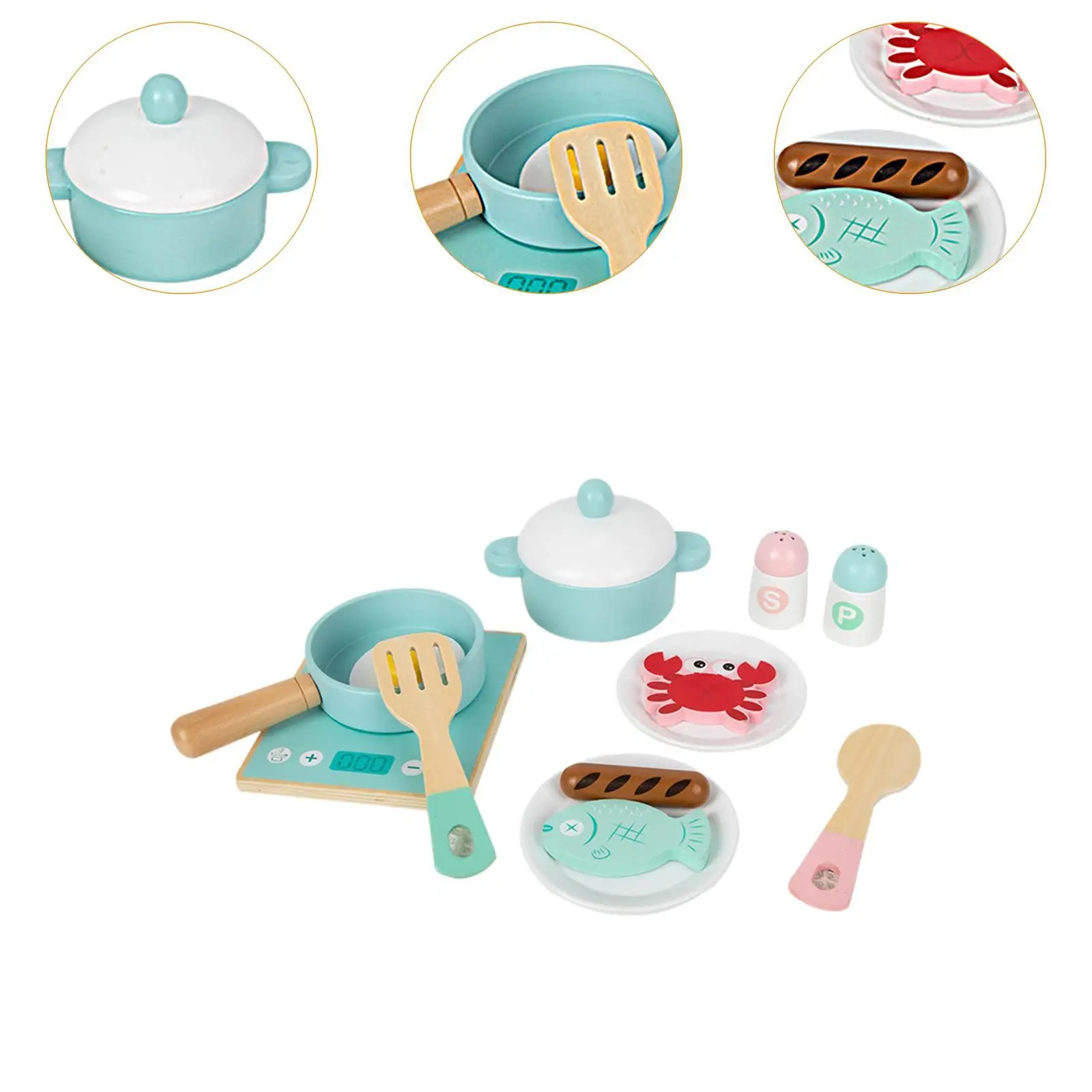 Conjunto de cozinha infantil com ferramentas de cozinha e itens alimentares