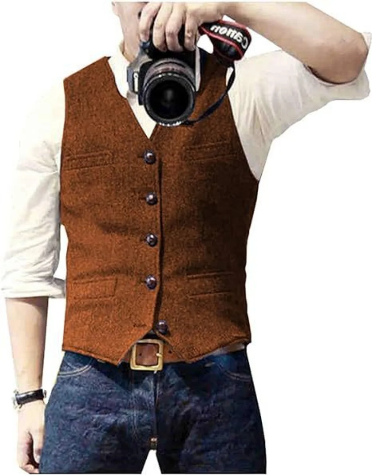 AnnieBritney Tweed Fashion Herringbone Men Waistcoat Fall Winter Slim Fit V-Neck Men Vest Smart Casual Boys Waistcoat