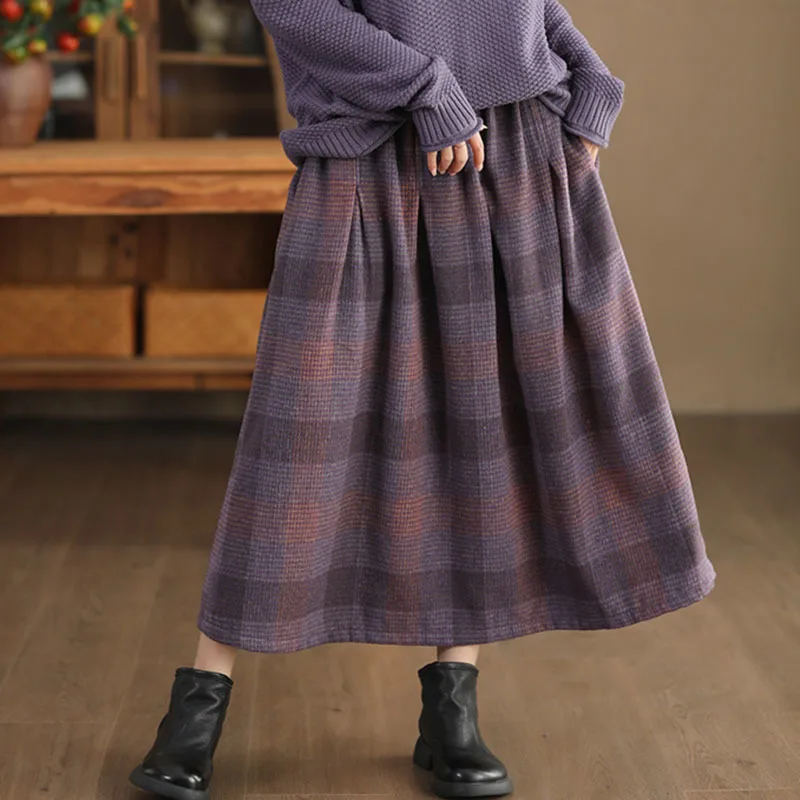 NINI WONDERLAND 2023 Autumn Winter Checked Casual Loose Pleated Skirt Women's Elastic Waist Textured Plaid Warm A-line Skirt