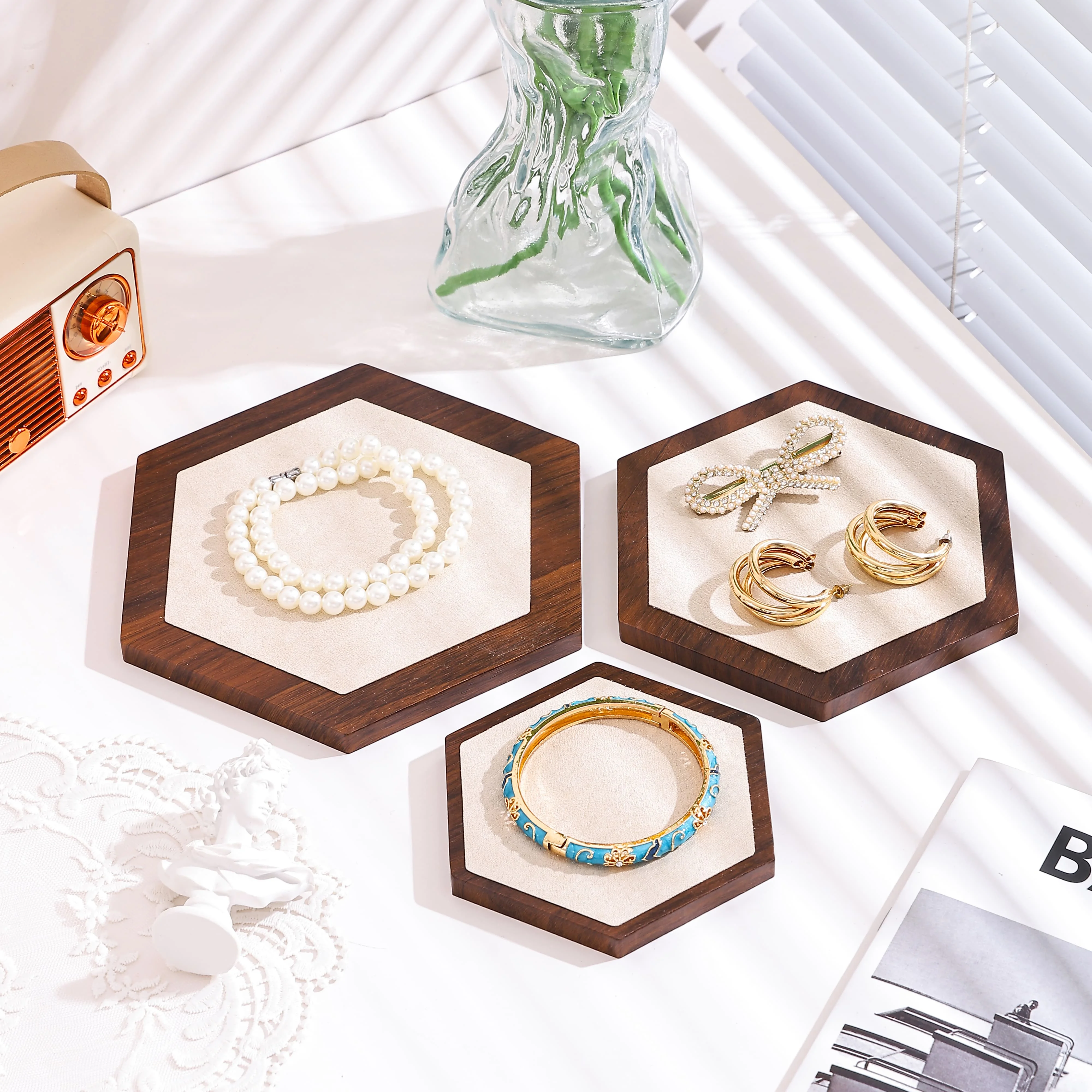 Walnut Tone Polygon Velvet Jewelry Tray, Necklace Bracelet Earring Display Plate, Jewelry Organizer for Shop & Photography