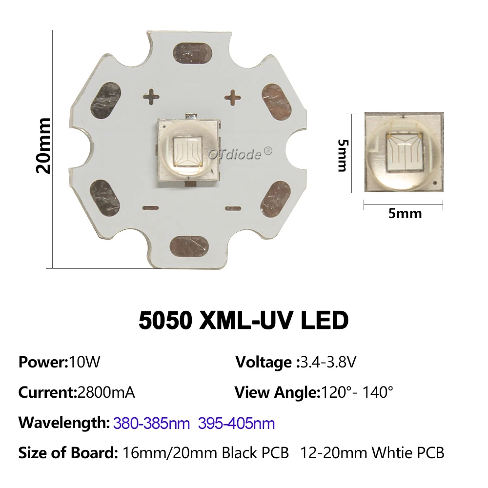 LG 5050 XML 10W 65mil UV Purple 385NM 395NM 400nm Led Emitter Lamp Flashlight Part 3-3.8V 2800mA On 16MM 20MM PCB Board