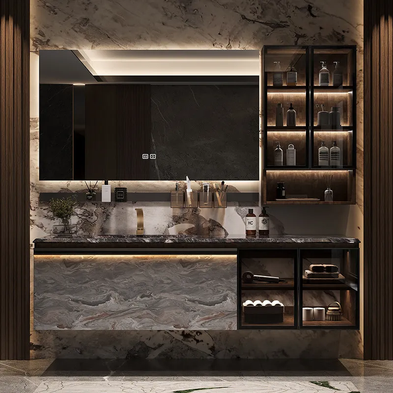 Hotel Style Bathroom Vanity with Marble Countertop Ceramic Sink & LED Cabinet Combo for Luxury Home & Hotel Projects furniture