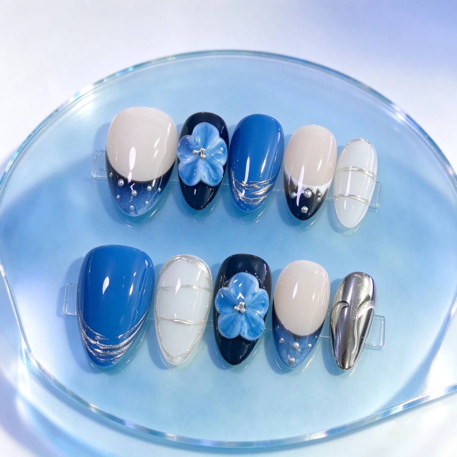 10pcs Blue Black Gradient Press On Nails 3D Blue Flower Pearl Silver Foil Decor Nude Fake Nail Short Almond Full Cover Nail Tips 4