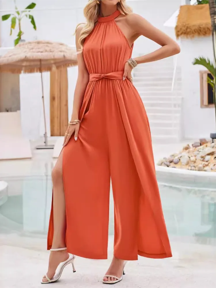 Halter Neck Jumpsuits Women Summer Solid Color Leace-up Backless Slit Wide Legs Sleeveless Jumpsuit Temperament Female Clothing