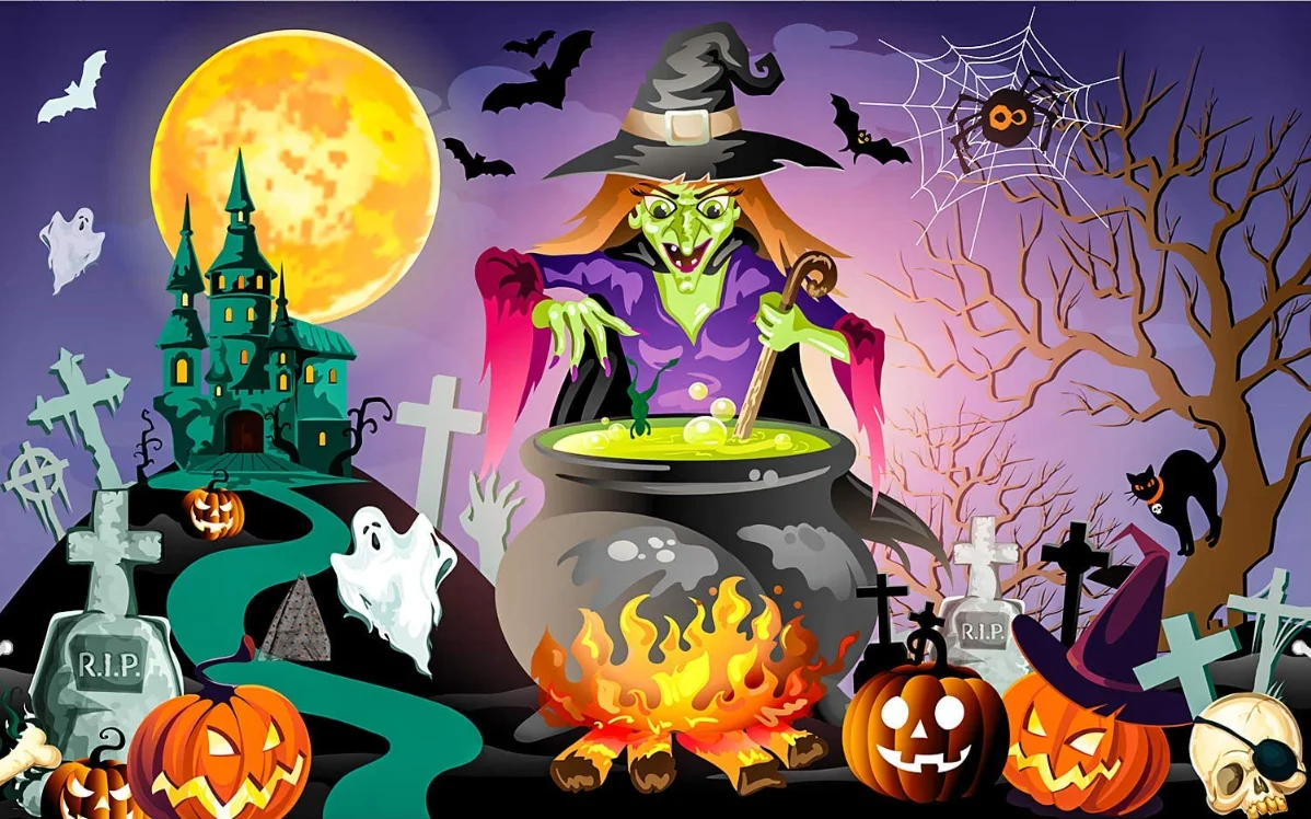 Halloween Party Decoratie Achtergrond Muurschildering Heksen Achtergrond Halloween Achtergrond Party Banner Voor Halloween Party Decor