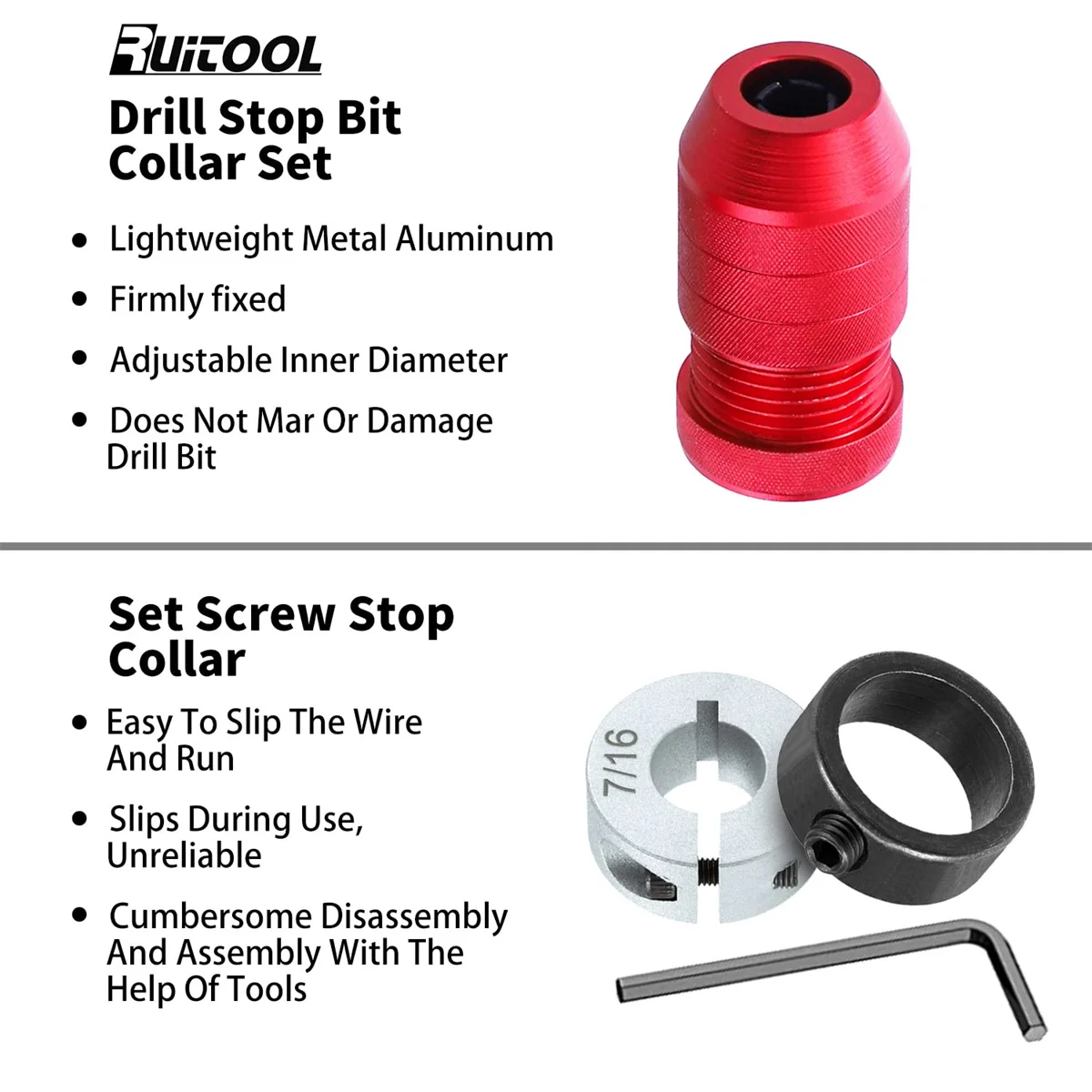 Juego de tope de taladro de aluminio, diámetro interior ajustable, Control de profundidad, perforación precisa, herramienta metalúrgica para carpintería, 2 piezas