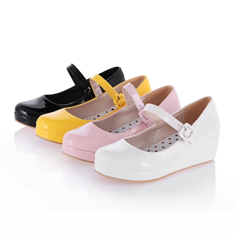 Spring Autumn Sweet Fashion PU Leather Round Toe Buckle Strap Platform Wedges Heel Pumps Plus Size Women Shoes 45 46  A-10