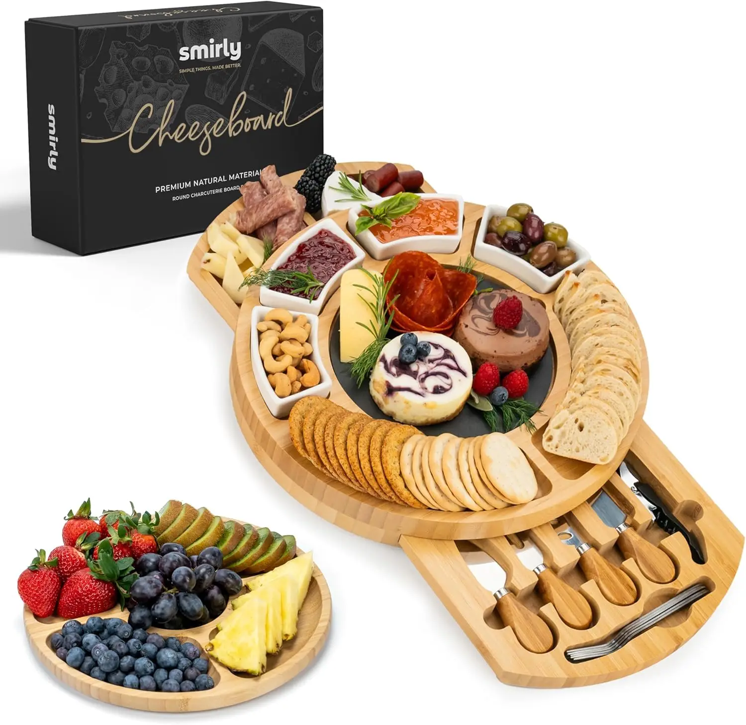 

Large Bamboo Cheese Board Set with Knives and Bowls - Perfect Housewarming, Wedding, and Birthday Gift