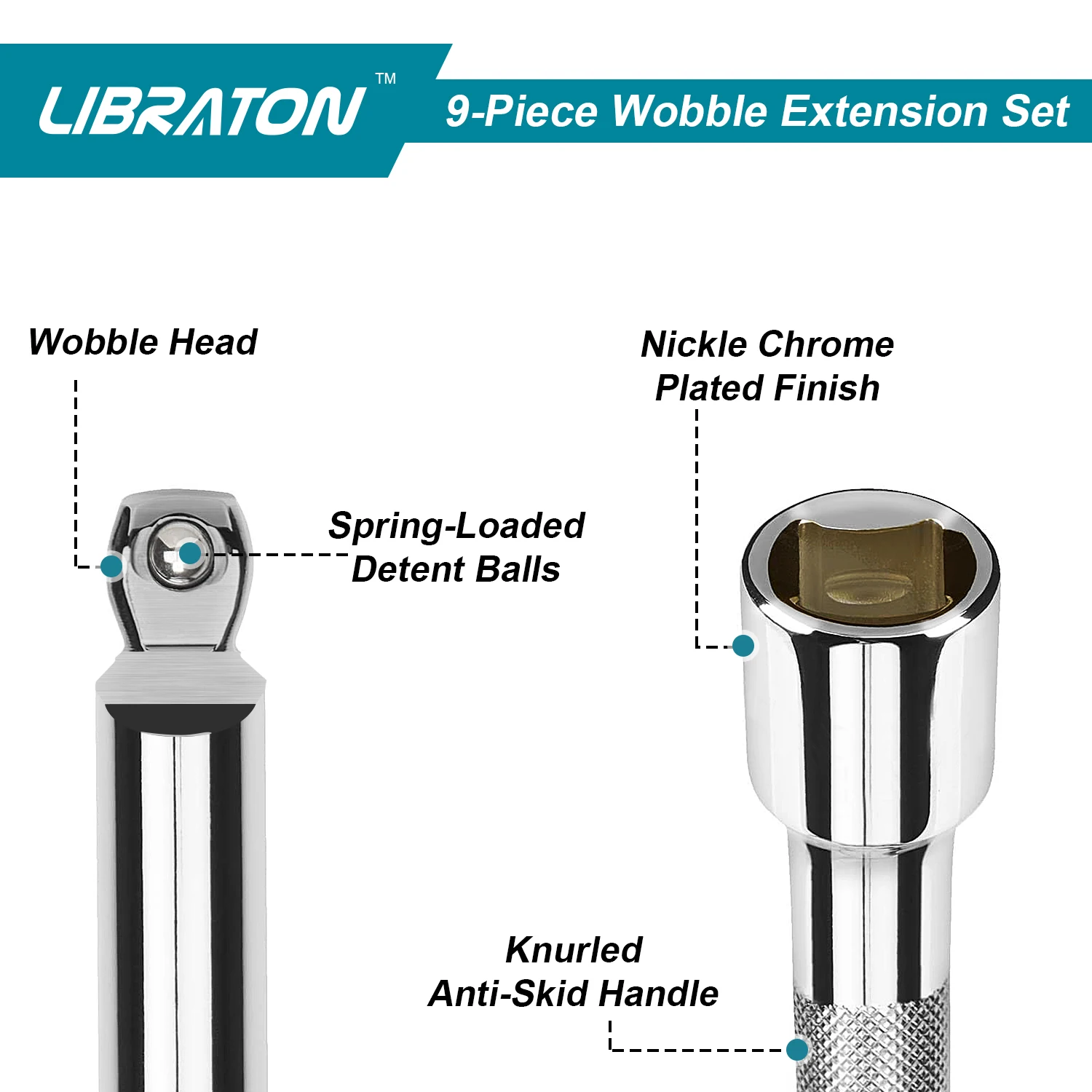 Libraton 9Pcs Wobble Extension Set 1/4\'\' 3/8\'\' 1/2\'\', Wobble Socket Extension Set, Drive Socket Extension Bars